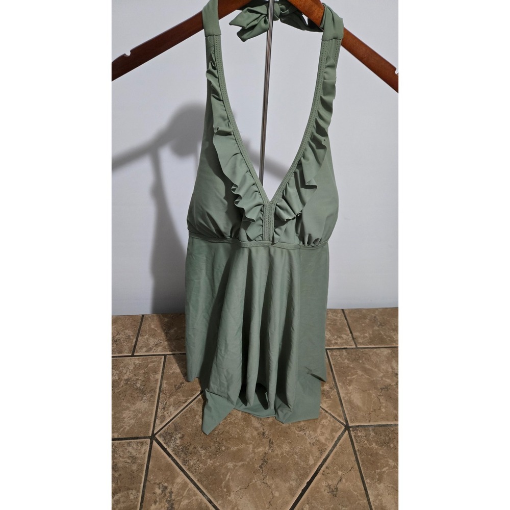 Olive Green Summer V Neck Ruffle Swim Halter Top Size XL